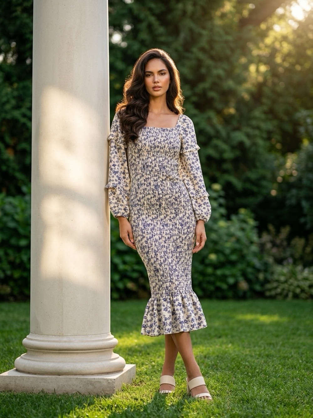 NWT Fashion Tag Smocked Blue Purple Floral Long Sleeve Midi Dress Women’s Small